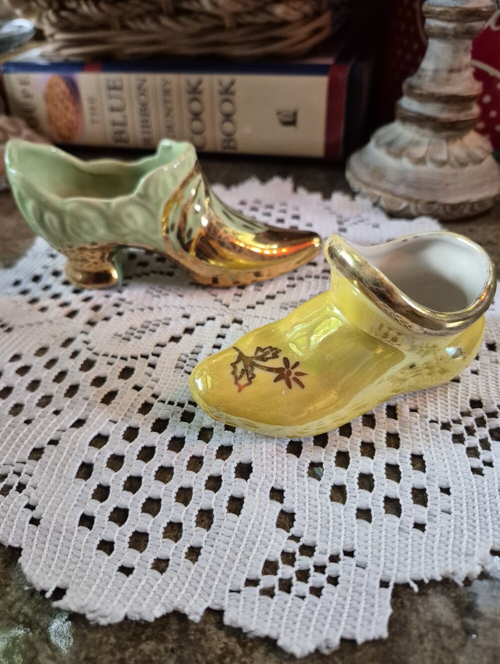2pc. Vintage Green Gold Luster Ceramic & Yellow Clog Mini Shoe figurines